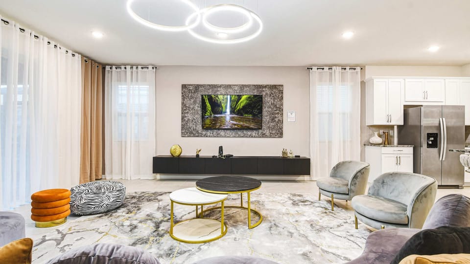 Illuminated with ambient lights, creating a cozy and inviting atmosphere for relaxation and socializing