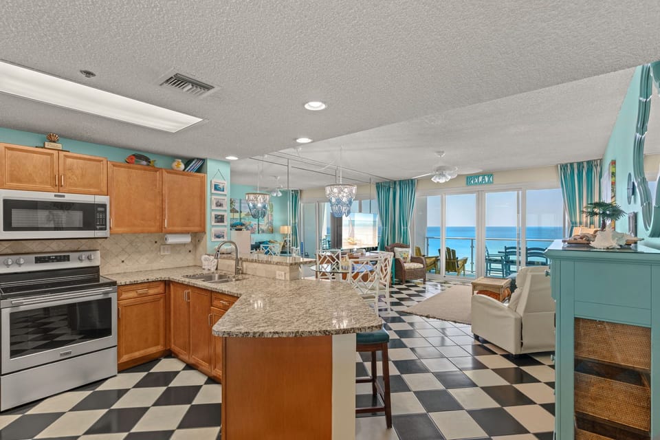 Open concept living showcases a stunning Gulf view.