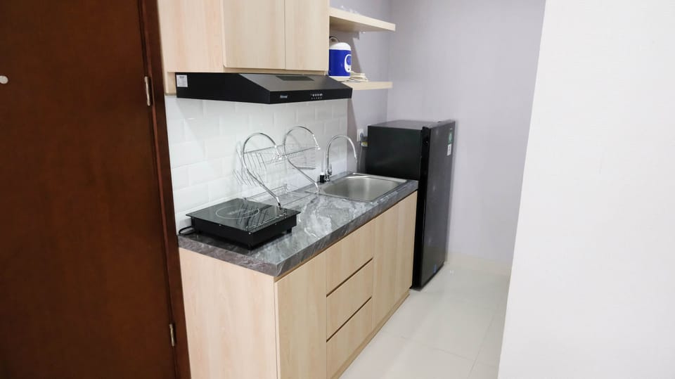 Deluxe Apartment | Private kitchen | Full-size fridge, stovetop, rice cooker, cookware/dishes/utensils