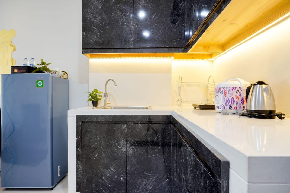 Deluxe Apartment | Private kitchen | Full-size fridge, stovetop, rice cooker