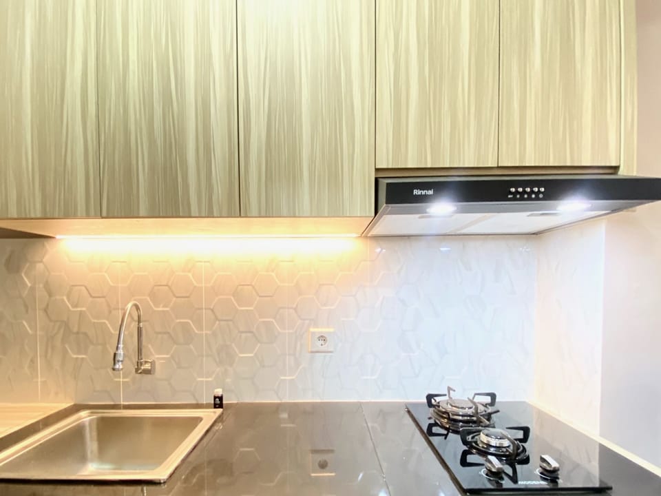 Deluxe Apartment | Private kitchen | Full-size fridge, stovetop, rice cooker, cookware/dishes/utensils