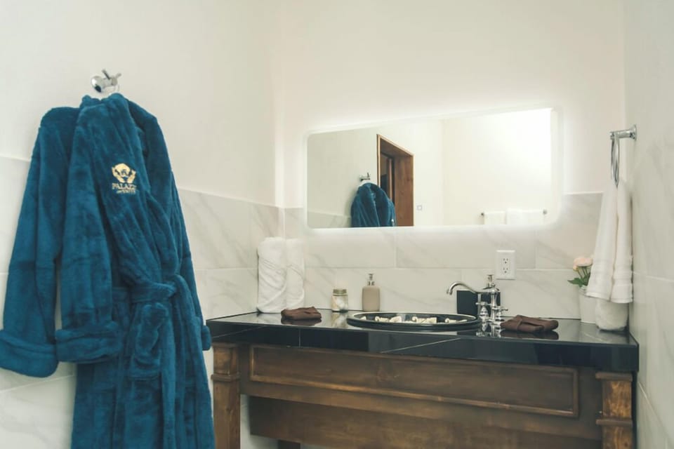 Shower, hair dryer, bathrobes, towels