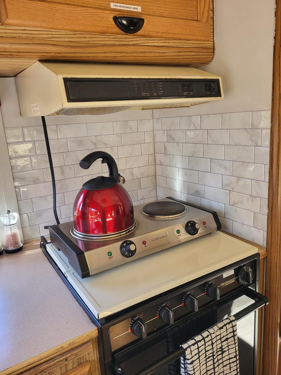 Double burner hot plate. Microwave located in the cupboard above.