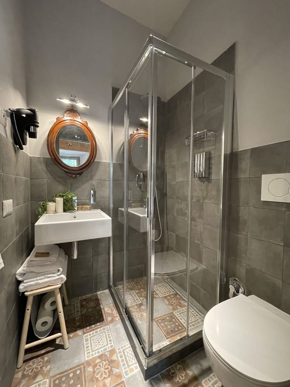 Comfort Room | Bathroom | Shower, rainfall showerhead, hair dryer, towels
