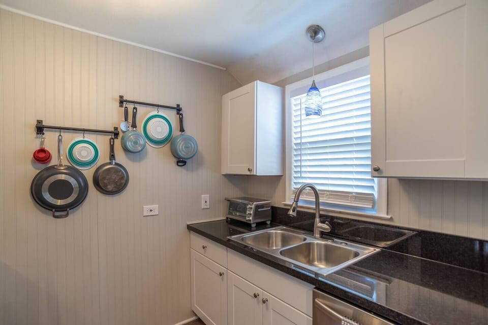 New Kitchen, Toaster Oven, Pots and pans have been put in cabinets to keep clean