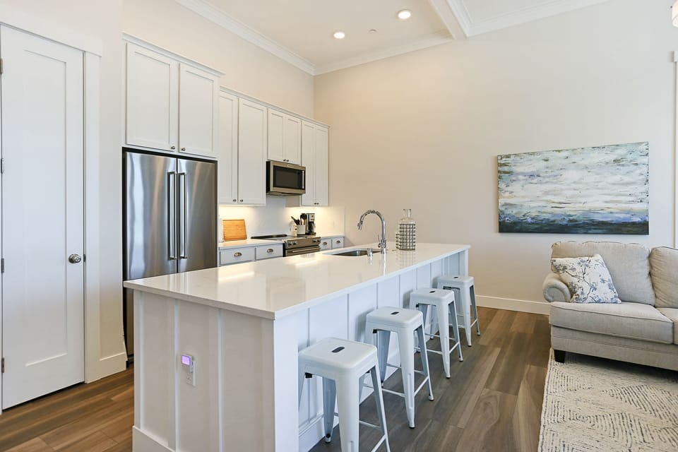 Enjoy a cup of coffee at the kitchen island