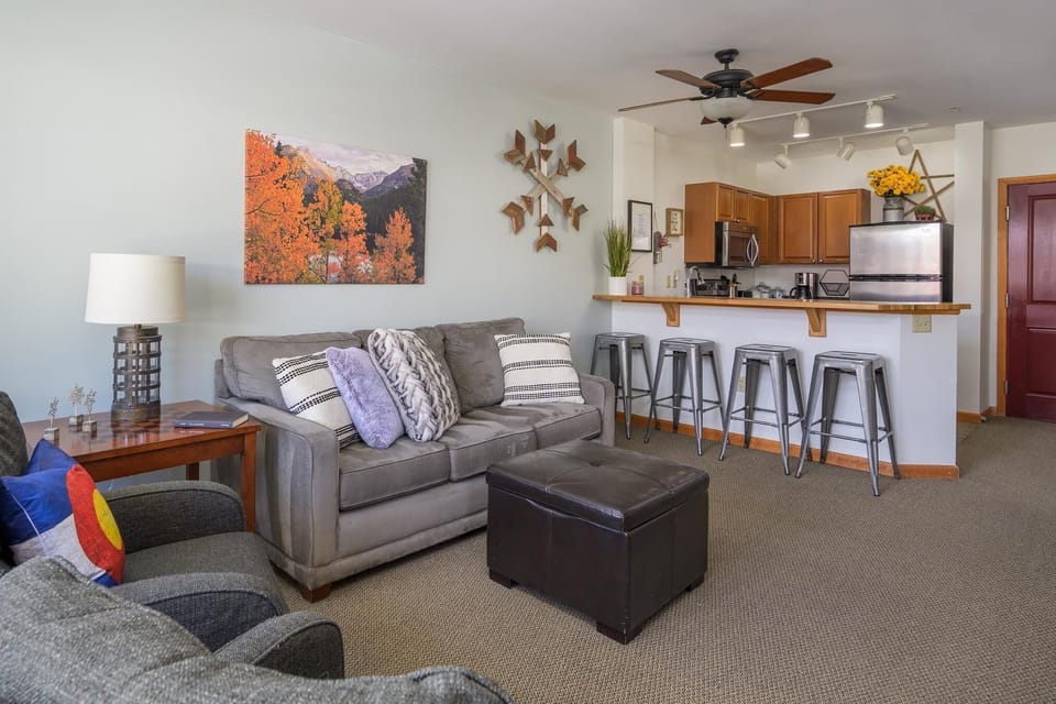 The living area leads into the bar seating and kitchen