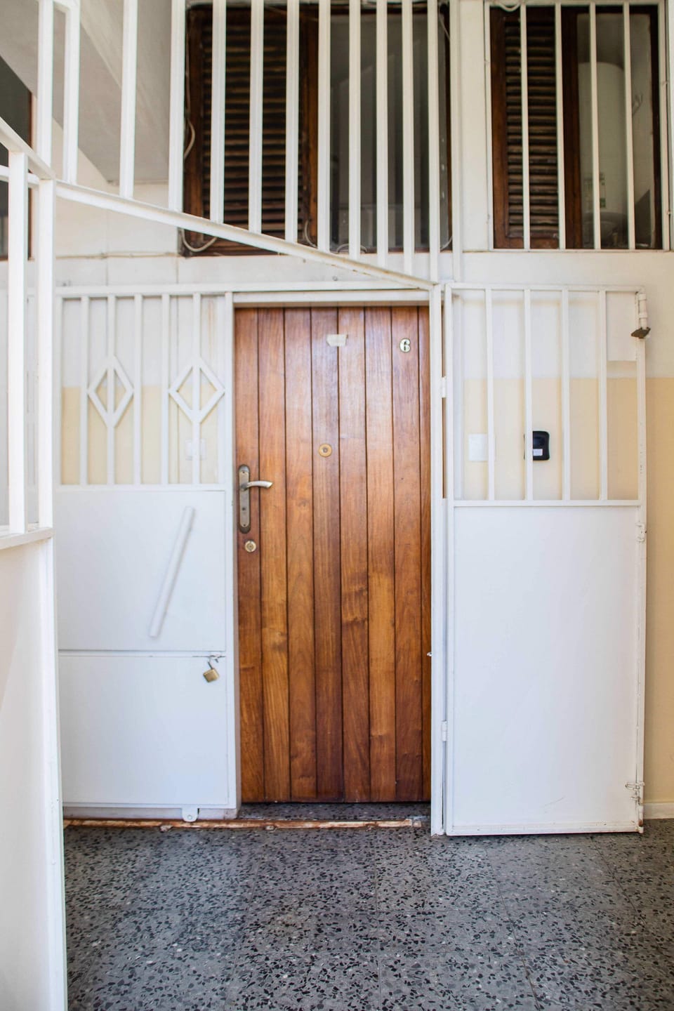 Entrance door with two metallic gates