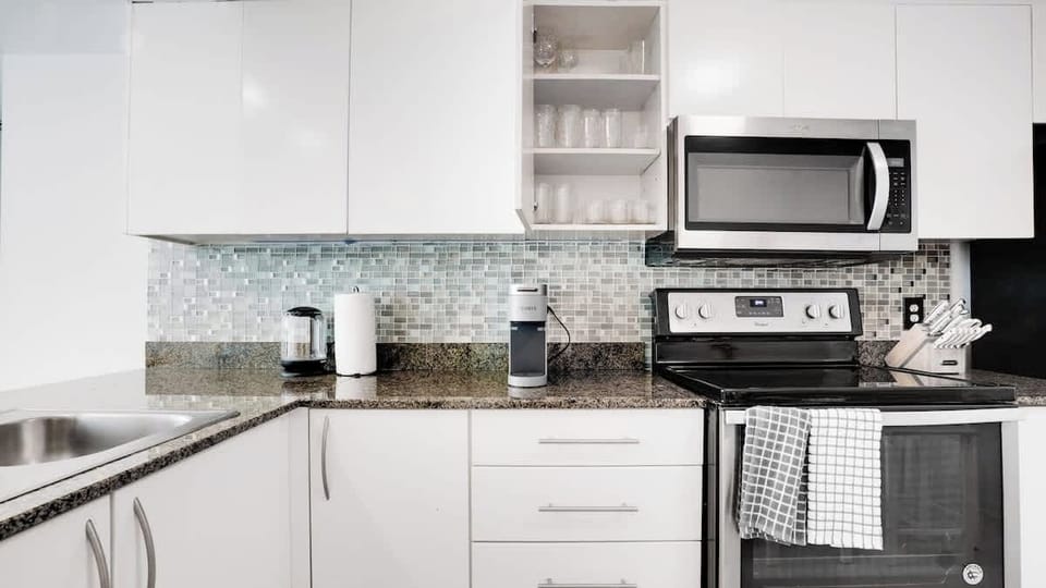 Kitchen appliances and cookware provided for guests to use!