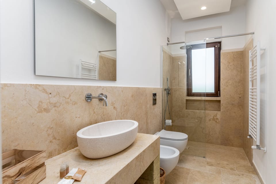 Hair dryer, bidet, towels, soap