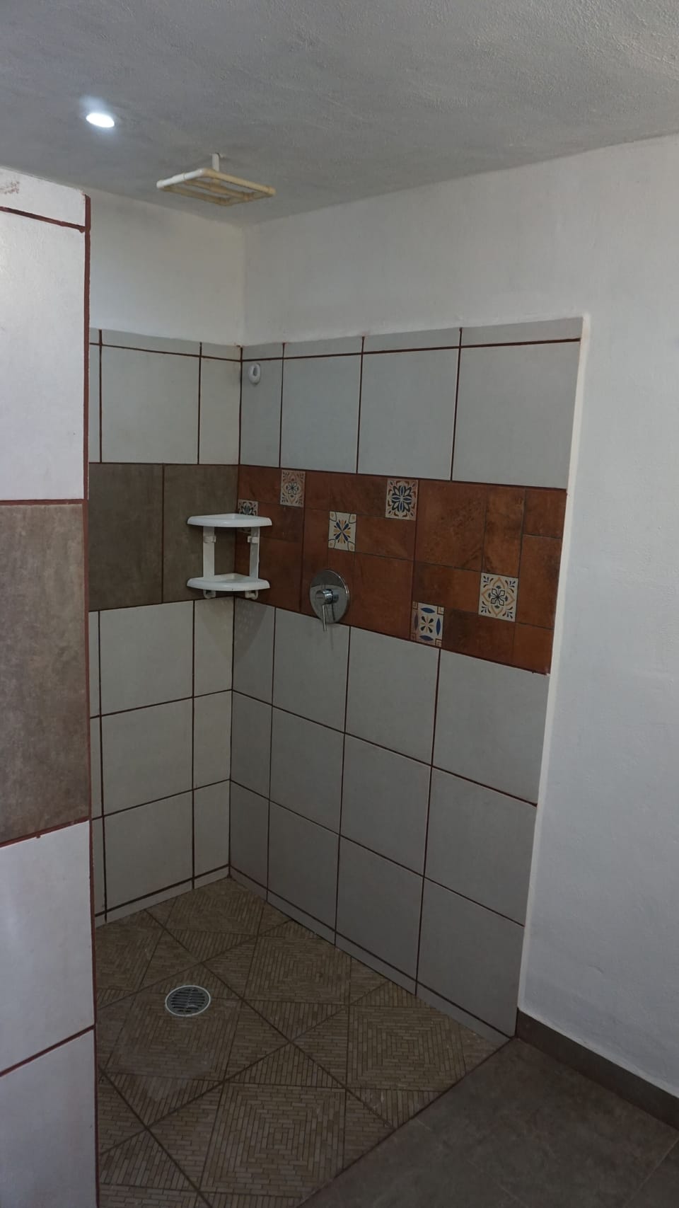 Shower, rainfall showerhead, hair dryer, towels