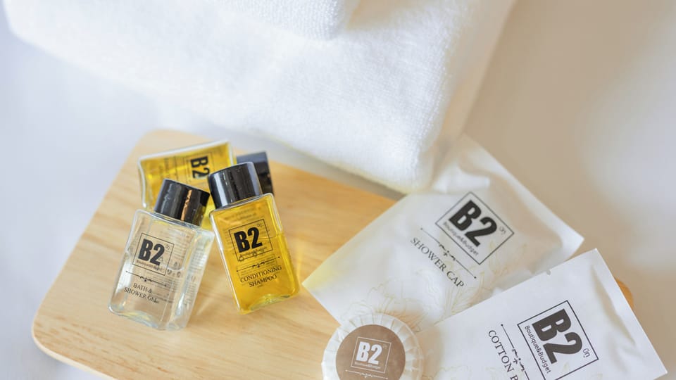 Shower, towels, soap, shampoo