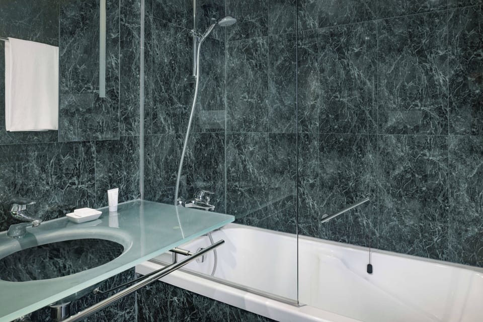Combined shower/tub, free toiletries, hair dryer, bidet