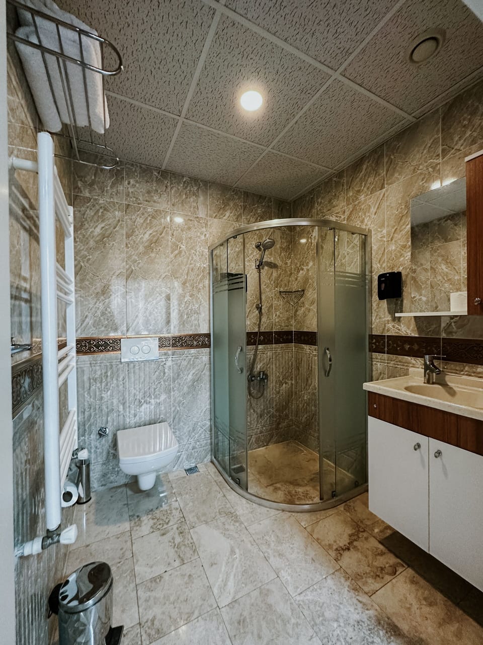 Shower, rainfall showerhead, hair dryer, bathrobes