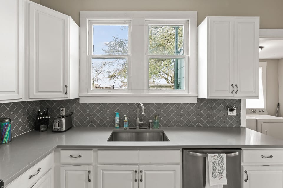 Kitchen overlooking the back yard.
