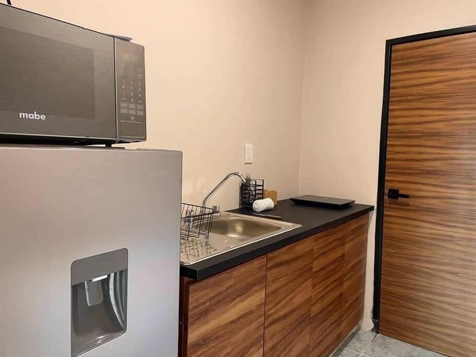 Kitchenette with refrigerator and counter.