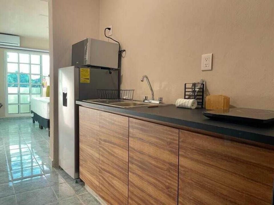 Equipped kitchenette and hallway to the bathroom.