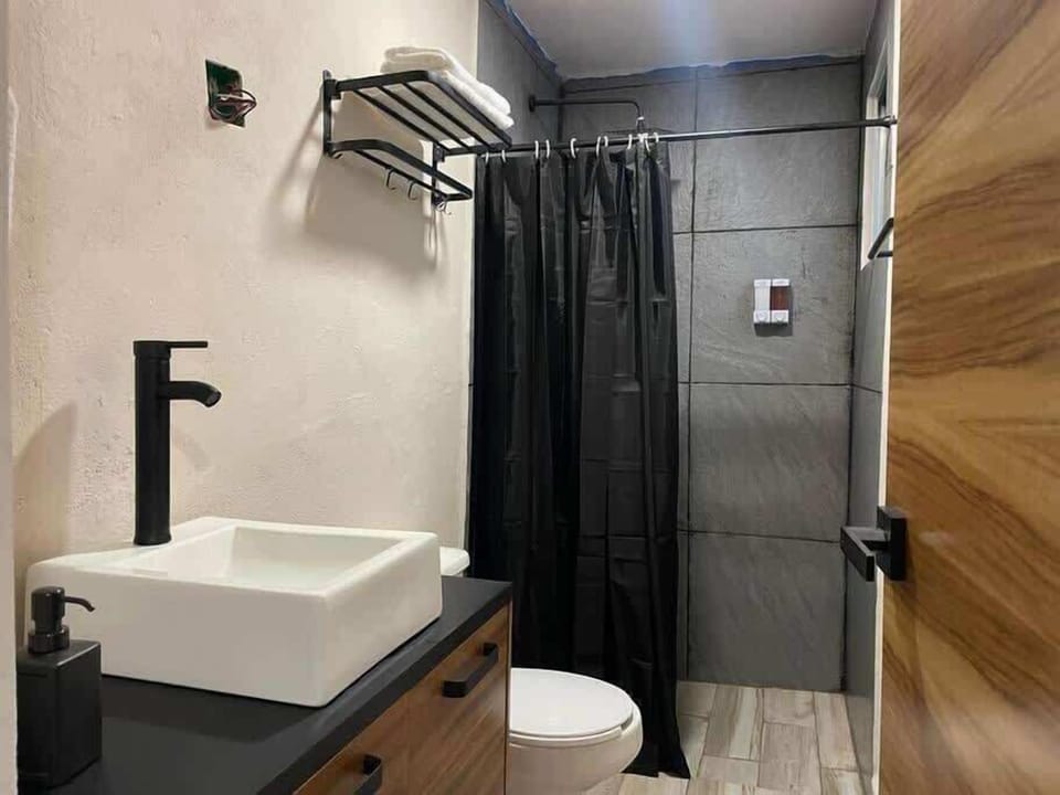 Full bathroom with vessel sink and shower