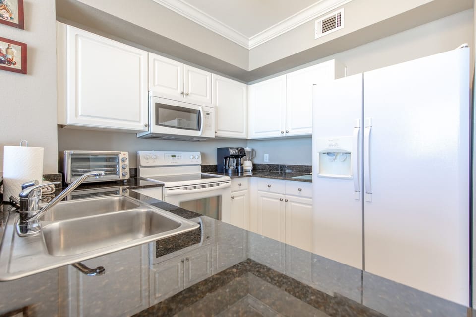 Fully stocked kitchen.