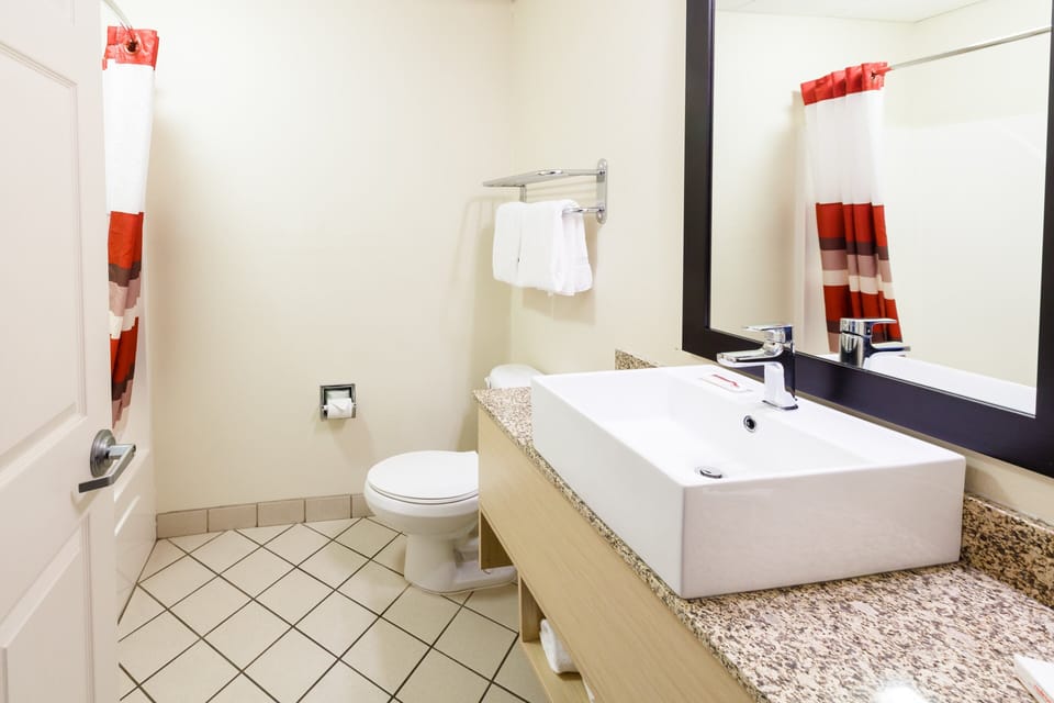 Combined shower/tub, free toiletries, hair dryer, towels