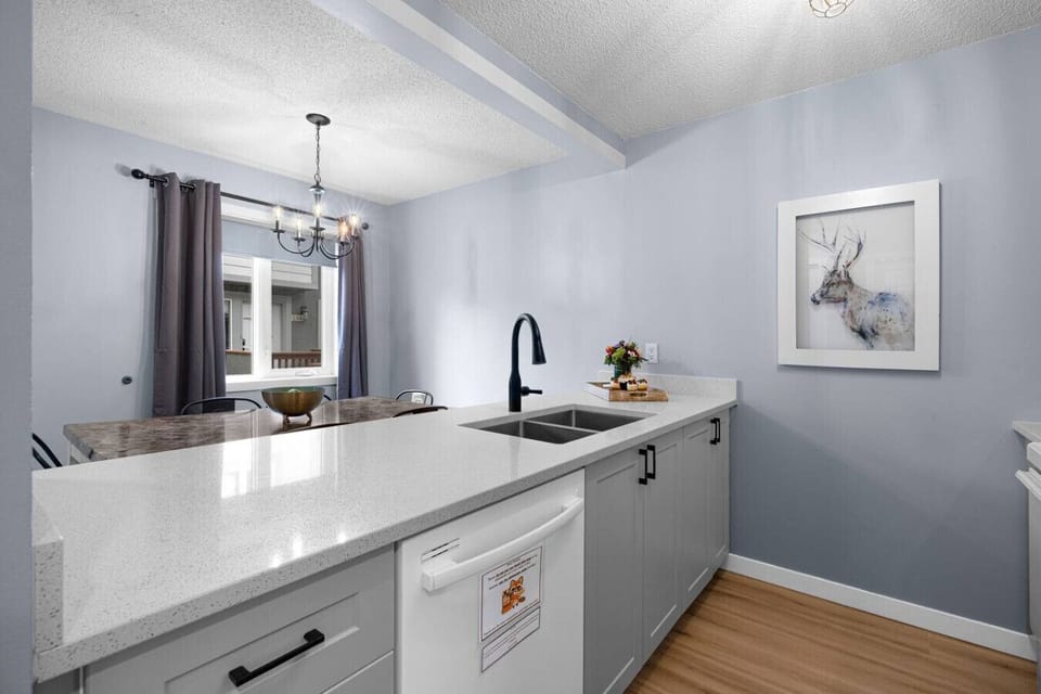 Large island with plenty of counter space for meal preparation.
