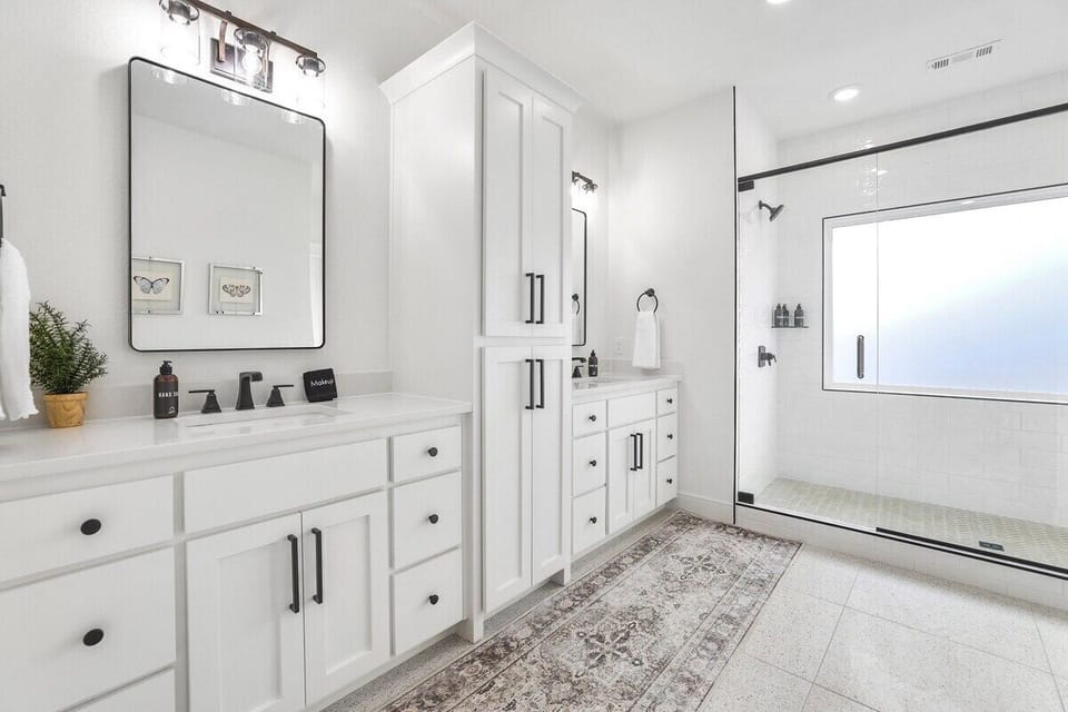Our primary bath is HUGE and has heated floors!