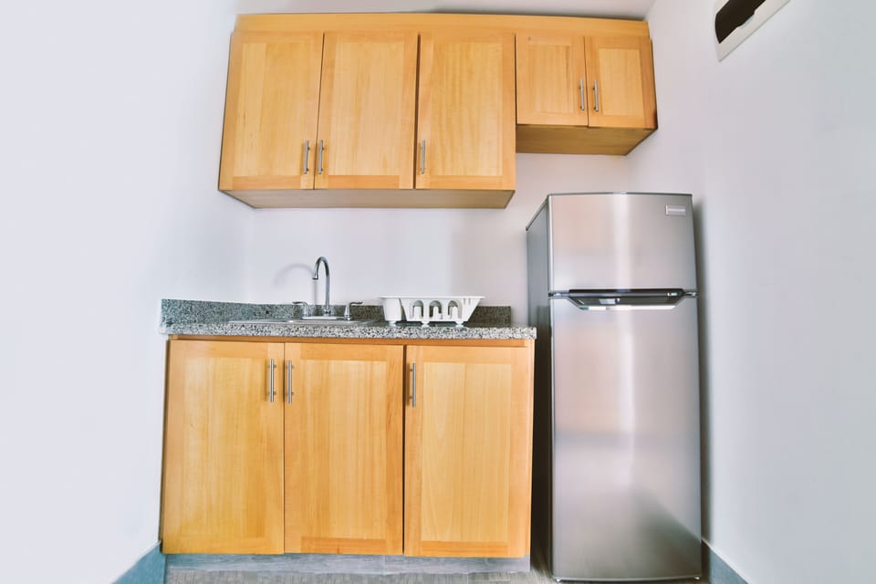 Full-size fridge, microwave, stovetop, dishwasher