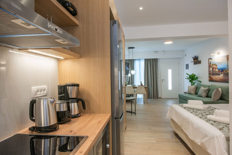 Executive Studio Suite | Private kitchen | Full-size fridge, microwave, oven, stovetop