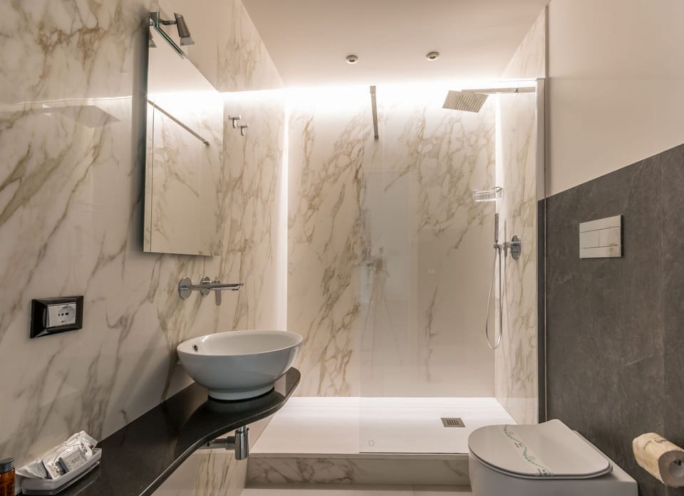 Deluxe Double Room | Bathroom | Shower, rainfall showerhead, free toiletries, hair dryer