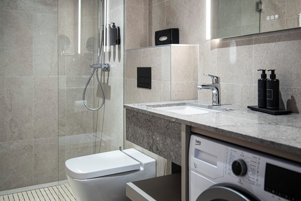Shower, hair dryer, bathrobes, slippers
