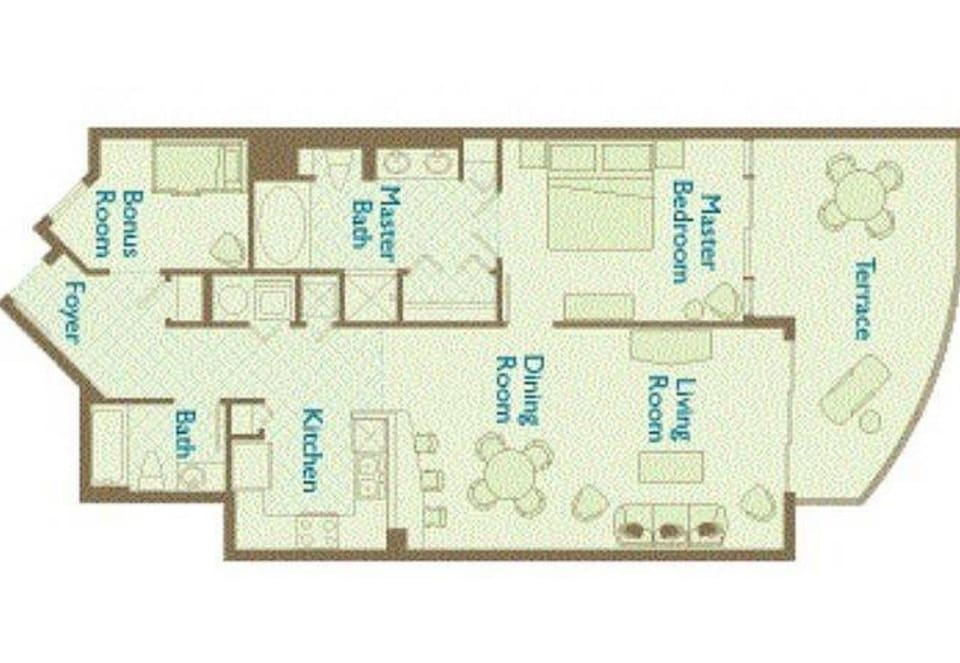 Spacious floor plan featuring two master bedrooms, full kitchen, dining area, and private terrace for your perfect getaway.
