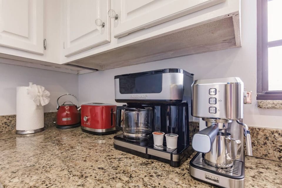 Coffee lovers, this is your happy place, Keurig pods, drip coffee or use the espresso machine which also has a foam maker for those delicious cappuccinos. Also, there is an electric Kettle if Tea is your thing.