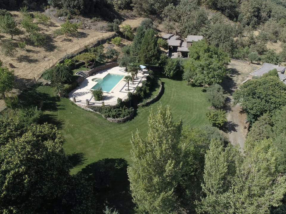 Aerial shot of cortijos rey fini showing pool with Walnut cortijo to the right.
