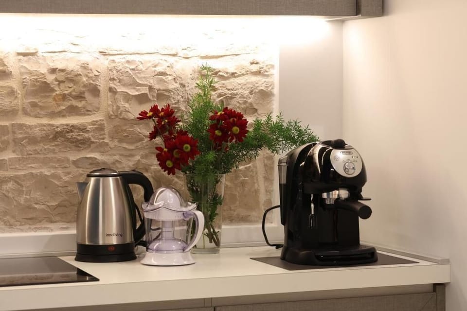 Espresso maker, full-size fridge, electric kettle, toaster