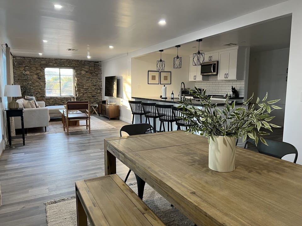 Open concept home- living room, dining room and kitchen all flow together