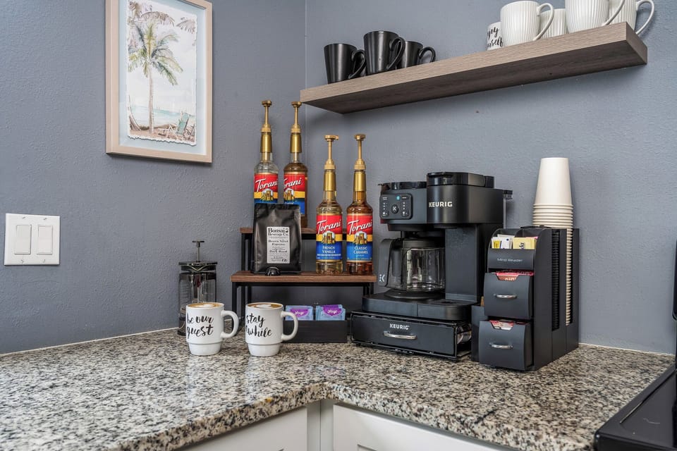 Brew your cup with Keurig Duo, French Press, Bonzi Coffee, tea, syrups & cocoa. 