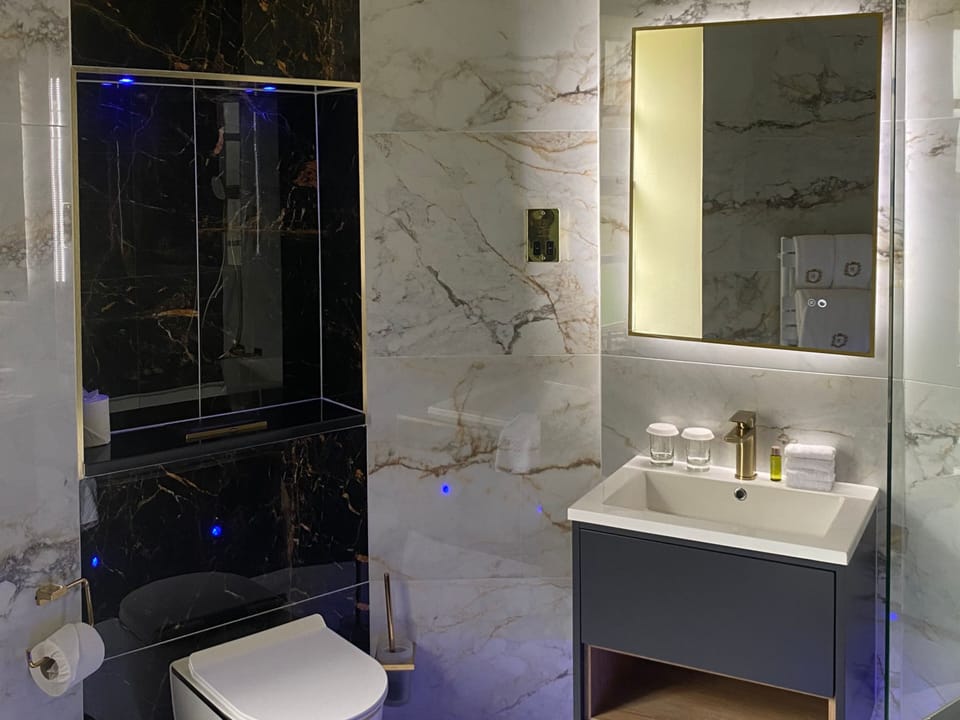 Designer toiletries, hair dryer, towels