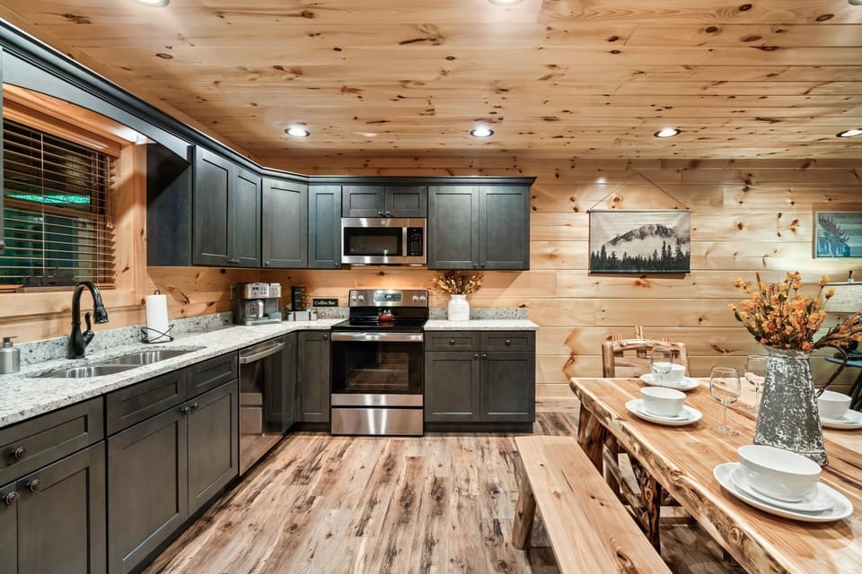 Large open floor plan with modern kitchen