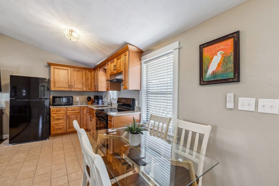 Small but well done kitchen with full sized fridge and oven