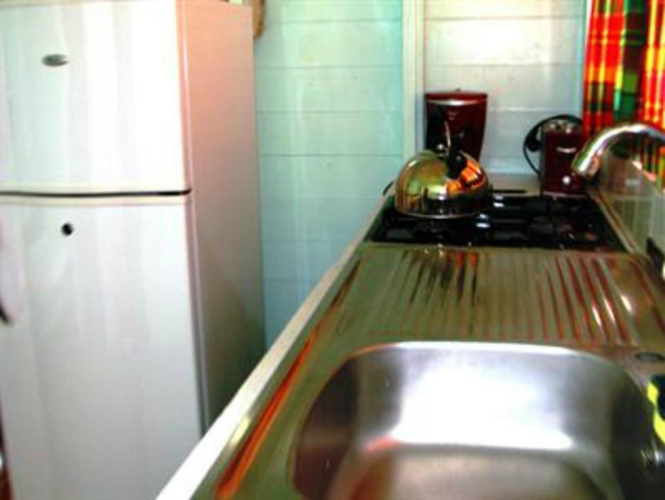 Full-size fridge, microwave, stovetop, cookware/dishes/utensils