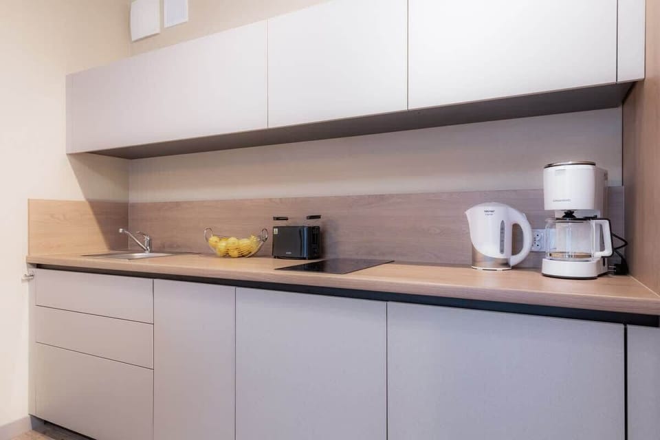 Fully equipped kitchenette with an  induction hob, fridge, freezer, kettle, dishwasher, microwave, toaster, coffee maker and dining area