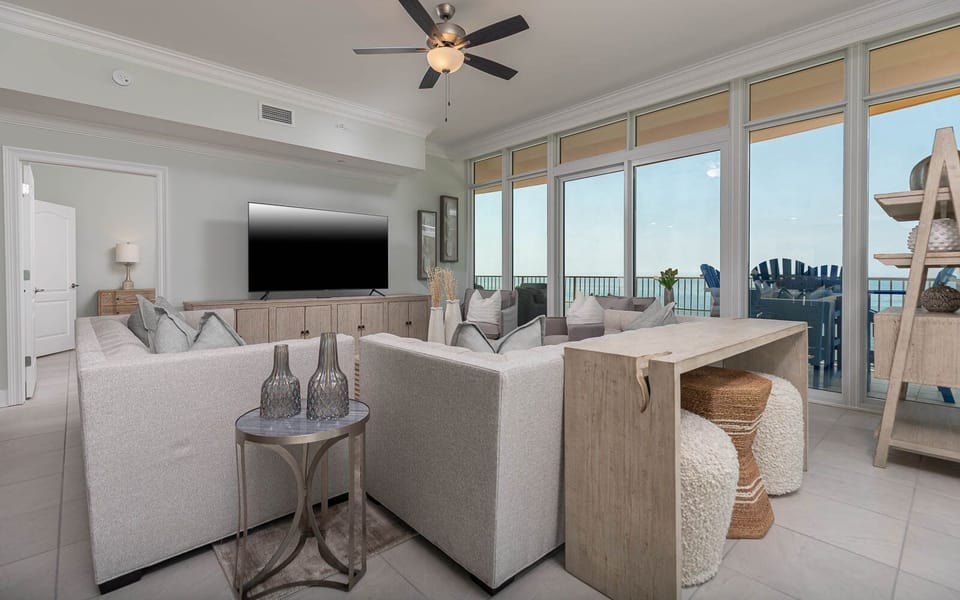 Sink into plush sofas, stream shows on the TV, then step onto the balcony to watch the gulf