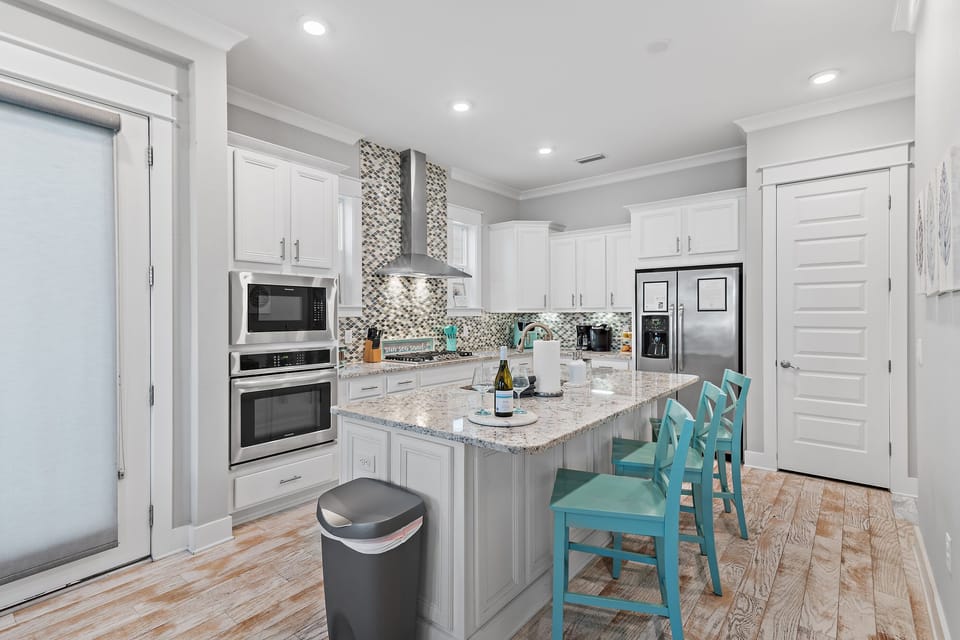 Our gourmet kitchen with large island and barstools