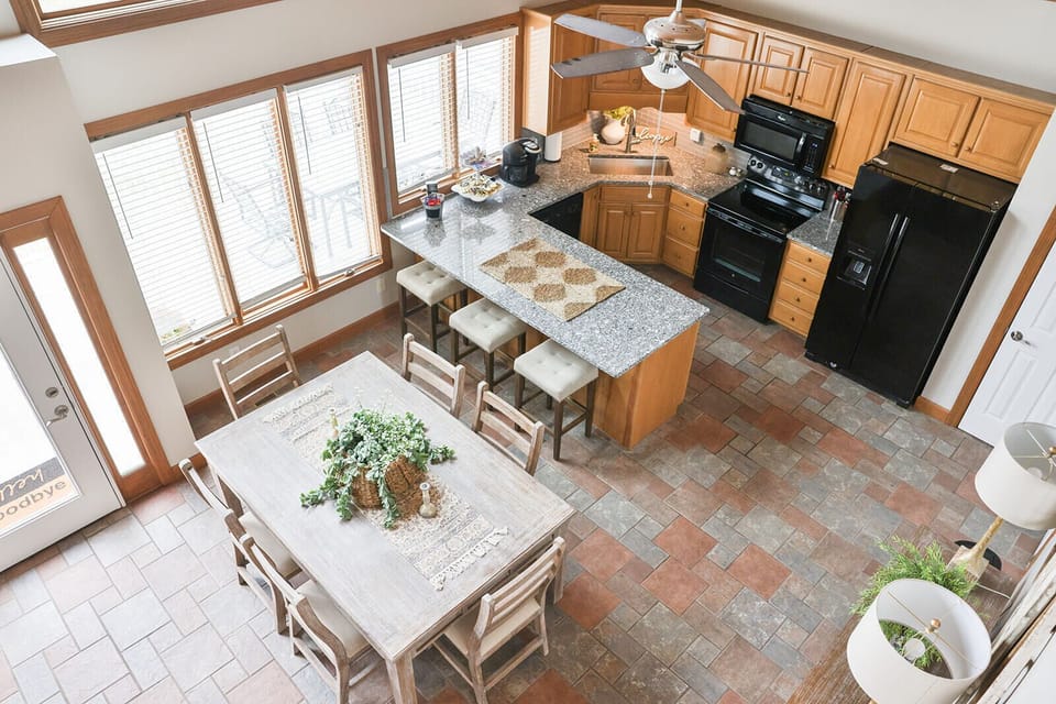 Overhead view of the dining area and kitchen 