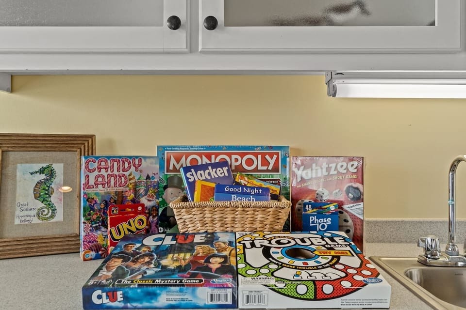 Lots of games and cards for adults and kids.