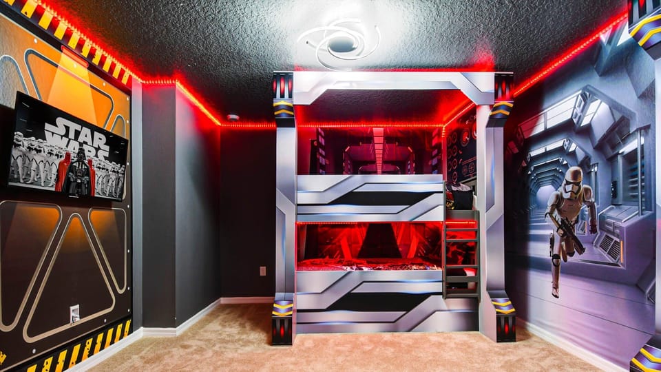 Epic Star Wars-themed bunk room with glowing lights and galactic adventure vibes

