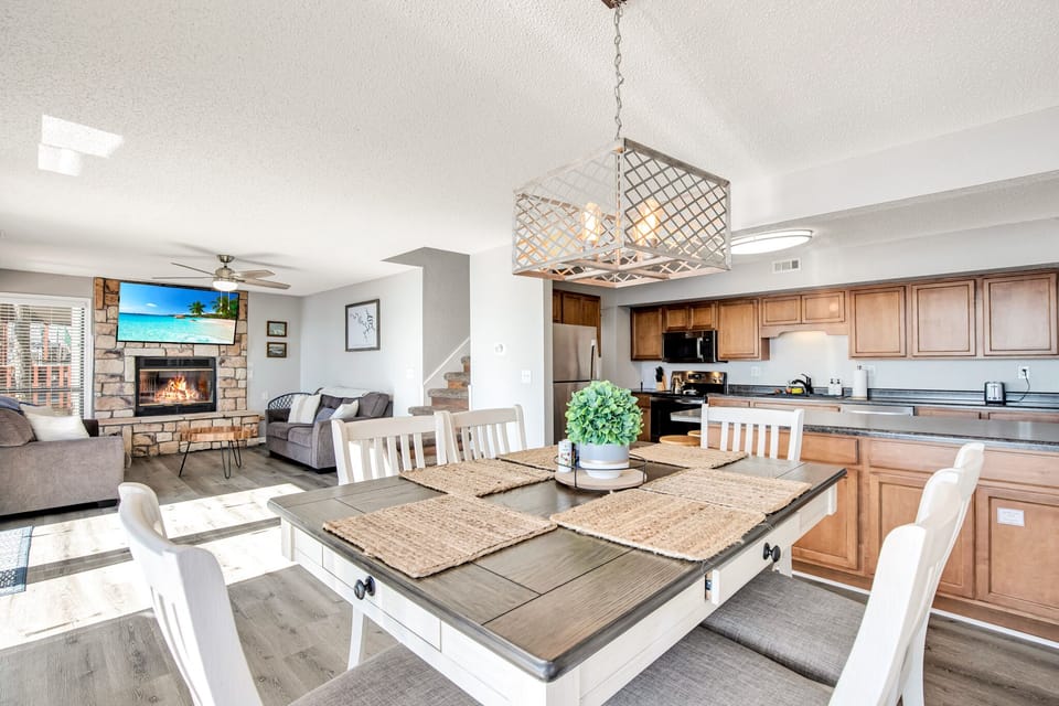 Open living, dining, and kitchen area