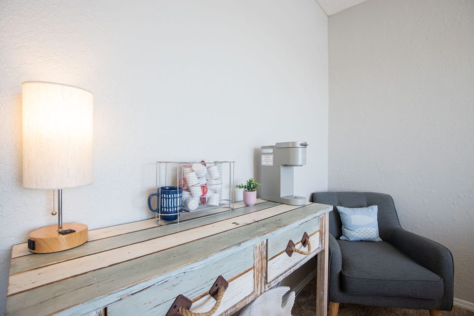 Bedroom coffee stations in lakefront rooms.