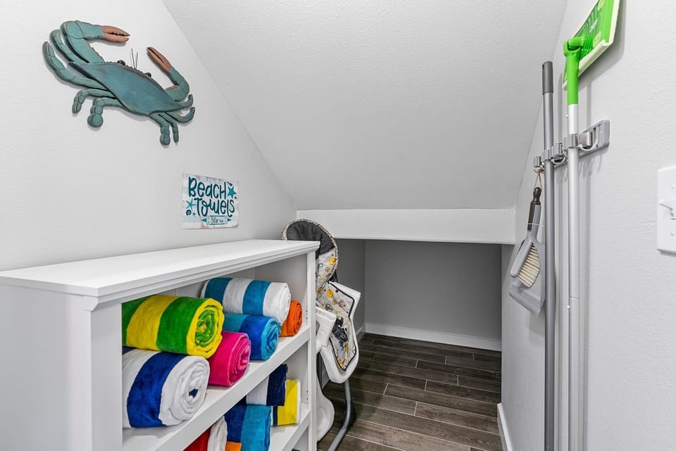 Under stairs storage overflow, Beach towels, supplies, etc. 