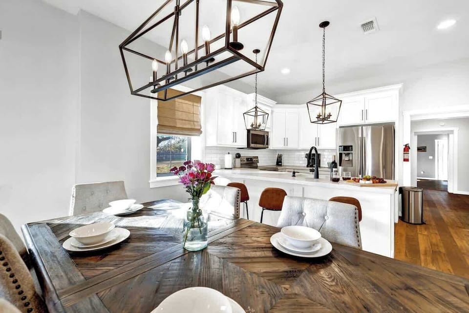 Beautiful light fixtures add personality to the space.